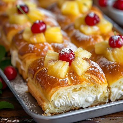 A delicious pastry with pineapple and cherries on top.
