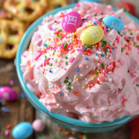 A bowl of pink frosting with sprinkles on top.