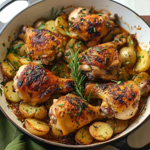 A delicious meal of chicken and potatoes in a white bowl.