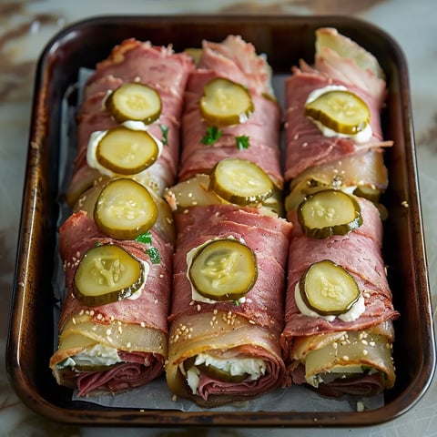 A tray of ham and pickle sandwiches.