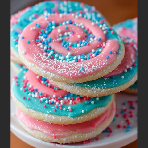 A plate of colorful cookies with pink, blue, and purple frosting.