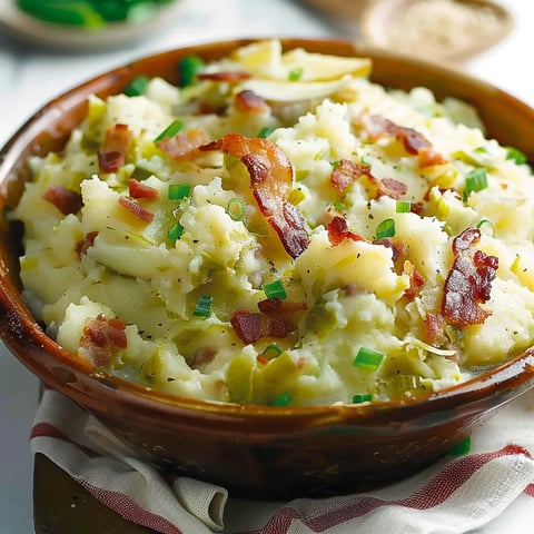 A bowl of mashed potatoes with bacon bits and green onions.
