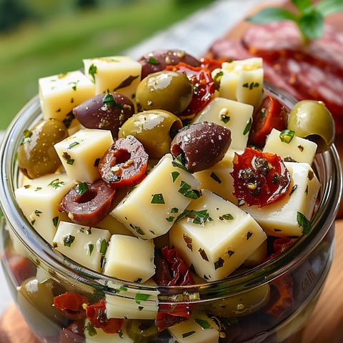 A glass bowl filled with olives and cheese.