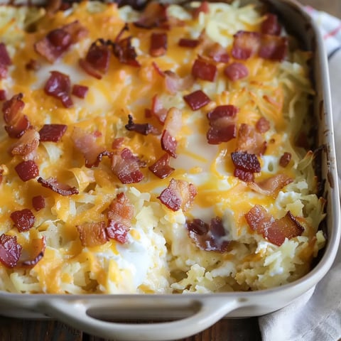 A delicious bacon and cheese casserole in a white dish.