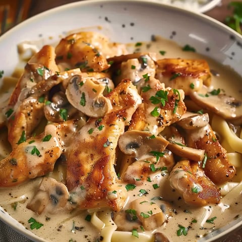 A bowl of chicken and mushrooms with a creamy sauce.