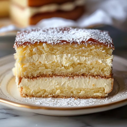 A slice of cake with powdered sugar on a plate.