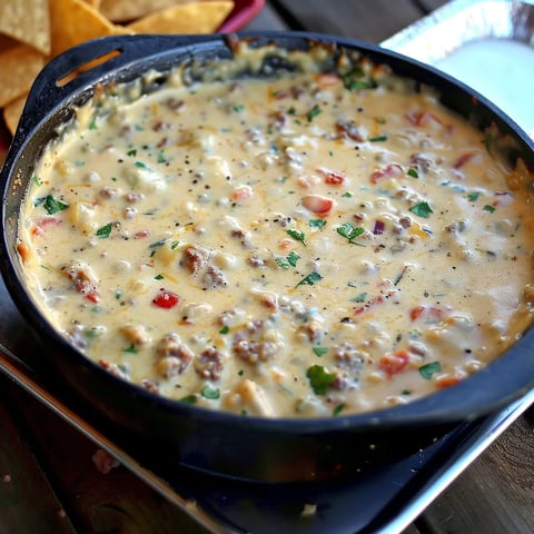 A delicious cheese dip in a black skillet, ready to be served with tortilla chips.