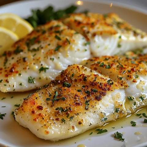 A plate of fish with a lemon wedge on top.
