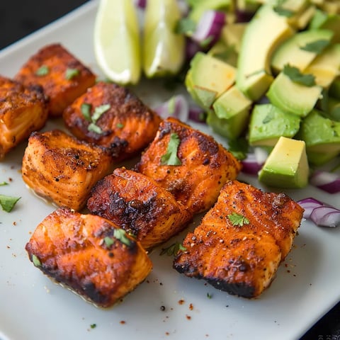 A plate of food with a variety of items, including grilled fish, sliced limes, and avocados.