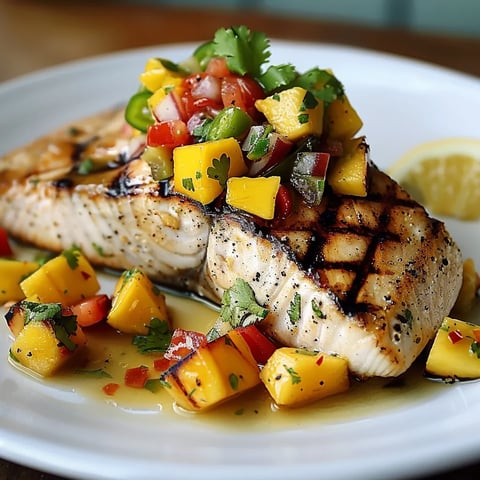A plate of food with a piece of fish and a lemon wedge on top.