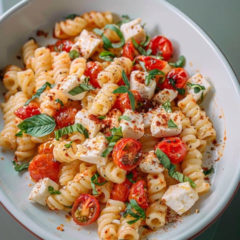 A bowl of pasta with tomatoes and cheese.