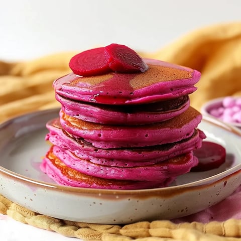 A stack of pancakes with a pink sauce on top.