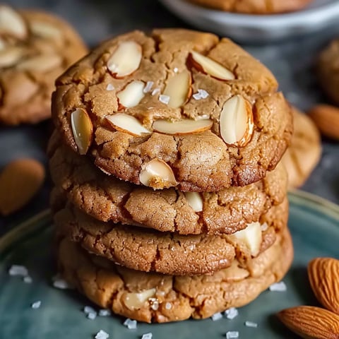 A stack of cookies with almonds on top.