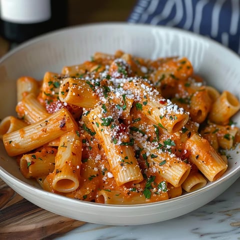 A bowl of pasta with tomato sauce and white cheese.