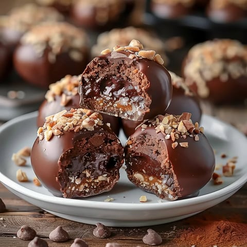 A plate of chocolate balls with nuts on top.