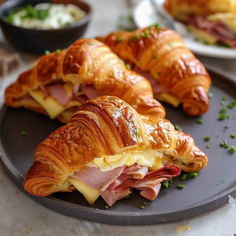 Two croissants with ham and cheese inside.