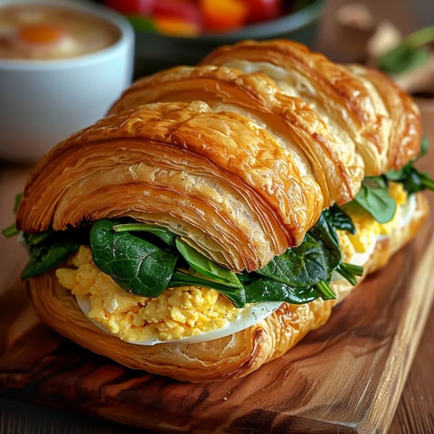 A croissant sandwich with eggs and spinach on a wooden table.