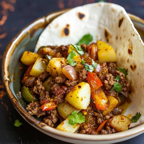 A bowl of food with a tortilla on top.