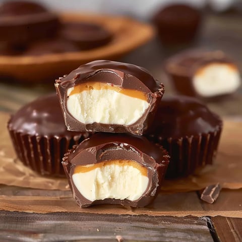 A chocolate cupcake with a white filling and a caramel topping.