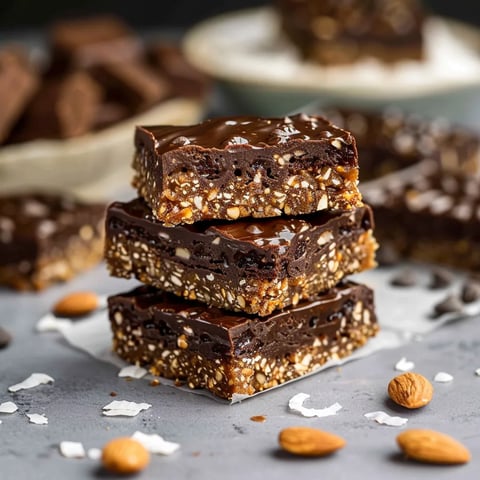 A stack of chocolate bars with nuts on top.