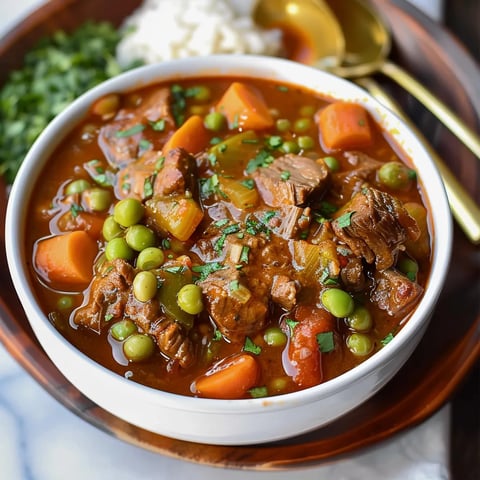 A bowl of soup with meat and vegetables, including carrots and peas, sits on a table.