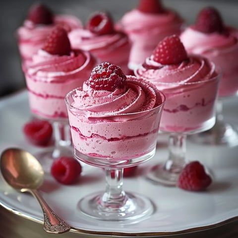 A plate with four glasses filled with pink desserts, each with a raspberry on top.