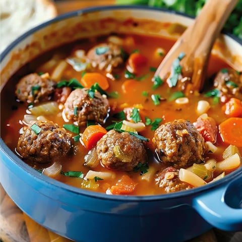 A bowl of meatballs with vegetables in a tomato sauce.