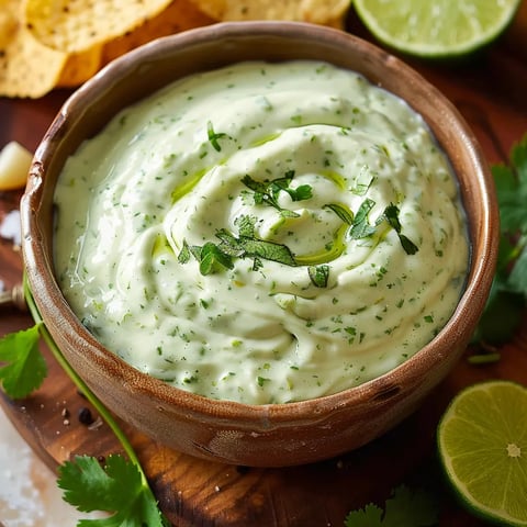 A bowl of dip with a green topping, accompanied by a lime wedge and a tortilla chip.