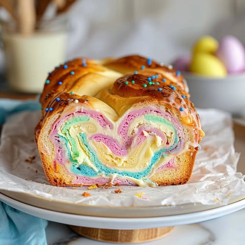 A colorful pastry with a heart shape is sitting on a plate.