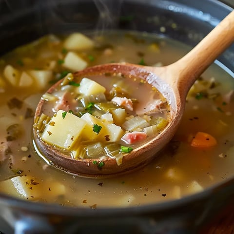 A wooden spoon is dipped into a bowl of soup, which contains vegetables such as carrots and potatoes.