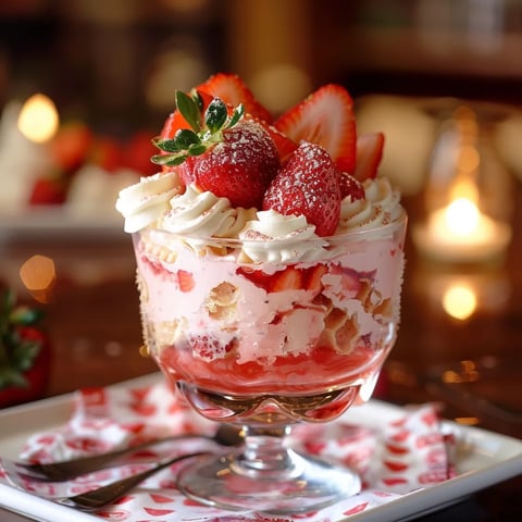A glass of strawberry shortcake with whipped cream and strawberries on top.