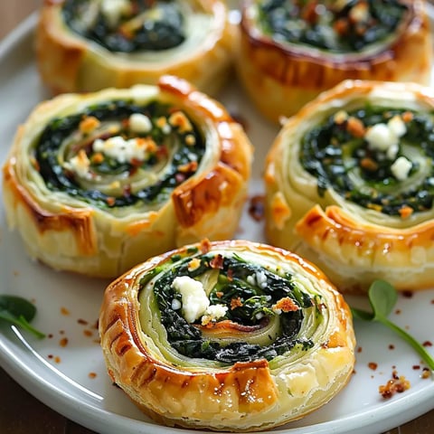 A plate of four different pastries, including a spinach and cheese pastry, is displayed on a table.