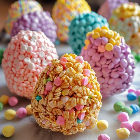 A group of colorful candy eggs on a table.
