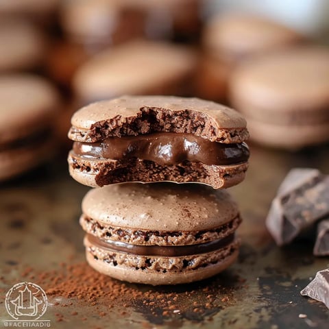 Two chocolate-covered macaroon cookies stacked on top of each other.