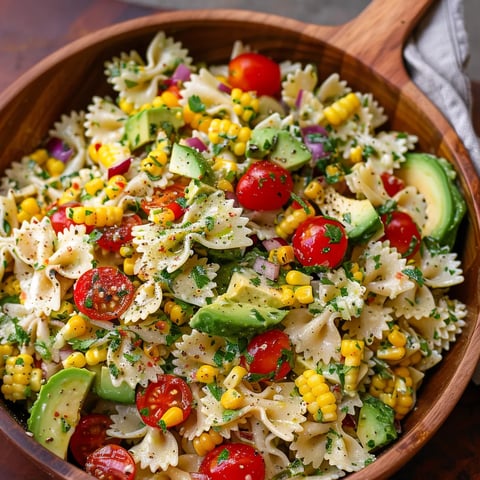 A bowl of pasta salad with tomatoes, corn, and avocado.