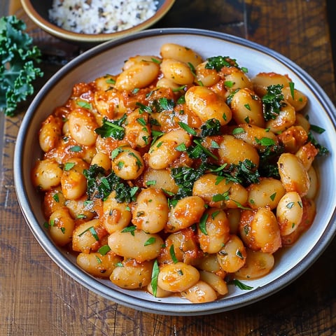 A bowl of beans with a green topping.
