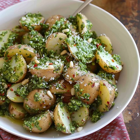 A bowl of food with potatoes, spinach, and pine nuts.