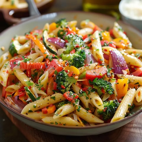 A bowl of pasta with vegetables and herbs.