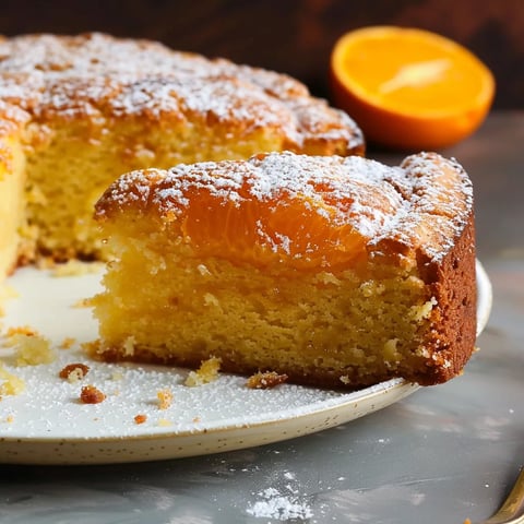 A slice of cake with powdered sugar on a plate.