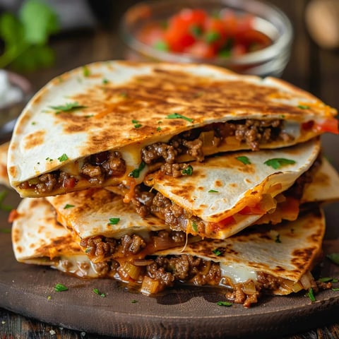 A stack of tacos on a wooden table.