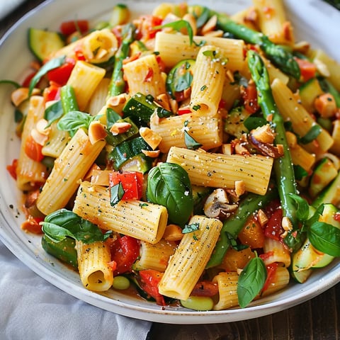 A bowl of pasta with vegetables.