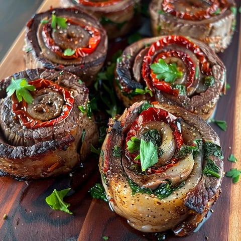 A plate of meat rolls with red peppers.