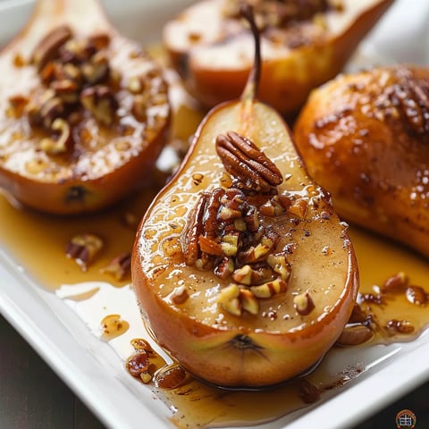 A plate of pears with nuts on top.