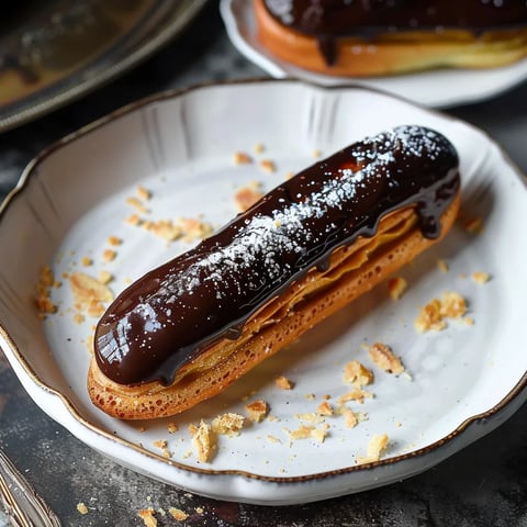 A chocolate-covered crepe on a plate.