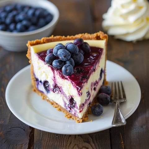 A slice of blueberry cheesecake on a white plate.