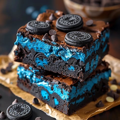 A chocolate and cookie cake with blue frosting.