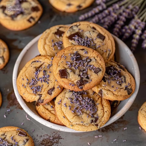 A bowl of chocolate chip cookies with purple sprinkles.