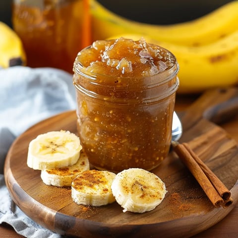 A jar of fruit preserves on a wooden cutting board.