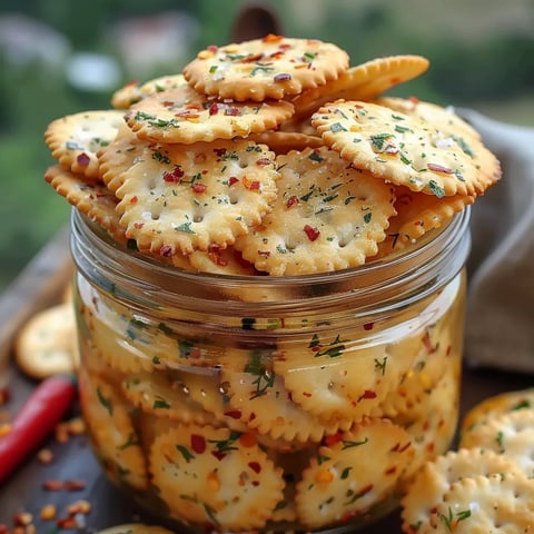 A jar of crackers with spices in it.