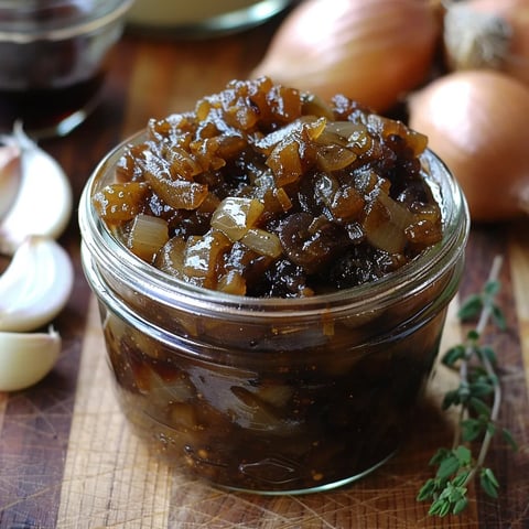A jar of onion jam on a wooden table.
